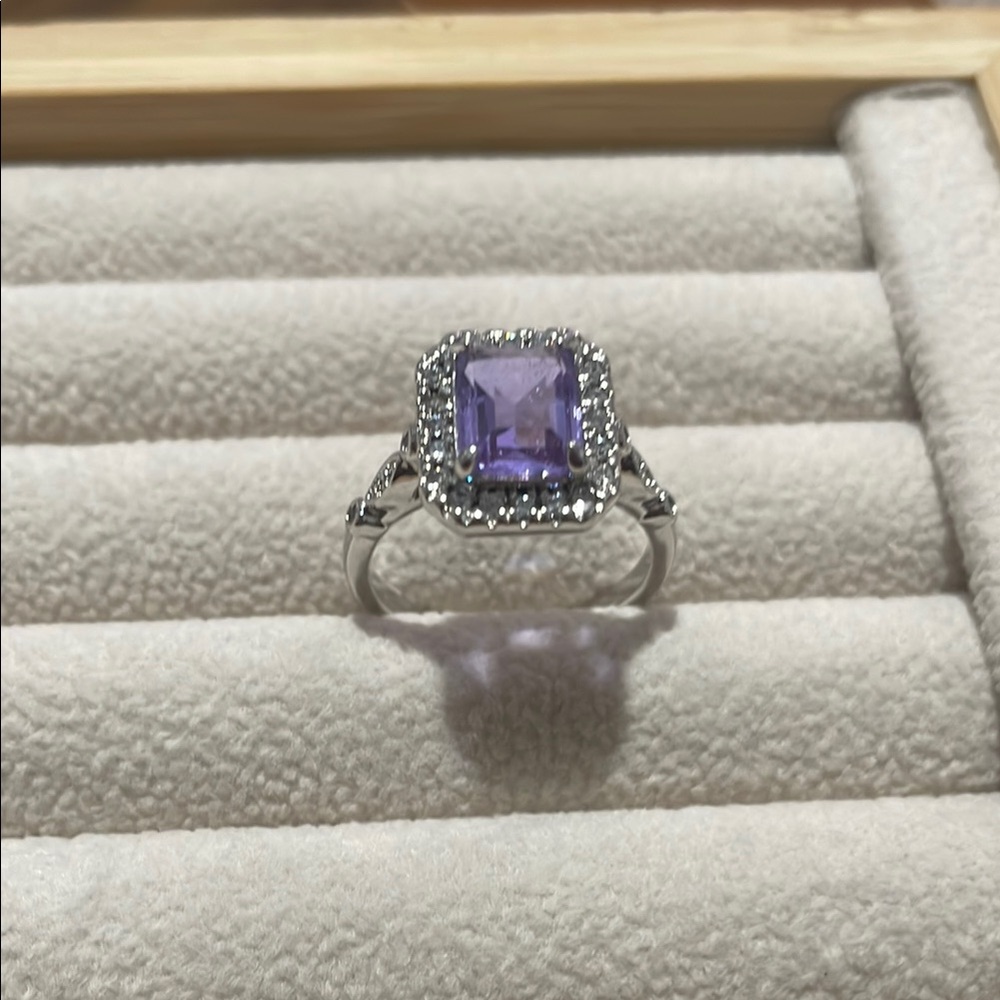 Purple and Silver Halo Gemstone Ring